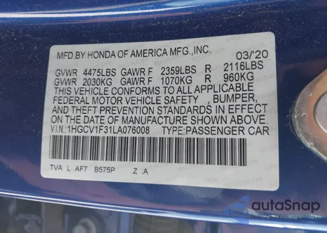 2020 Honda Accord Sport из США, поврежденный, VIN 1HGCV1F31LA076008